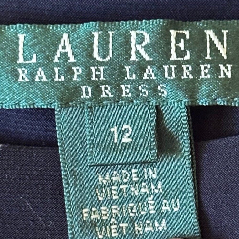 Lauren Ralph Lauren Navy Chain Link Print Ruched Sheath Dress Size 12 Boat Neck - Picture 2 of 10
